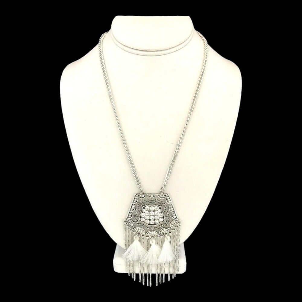 New Tassel Statement Necklace Antique Silver Tone Fringe Crystal - 13T